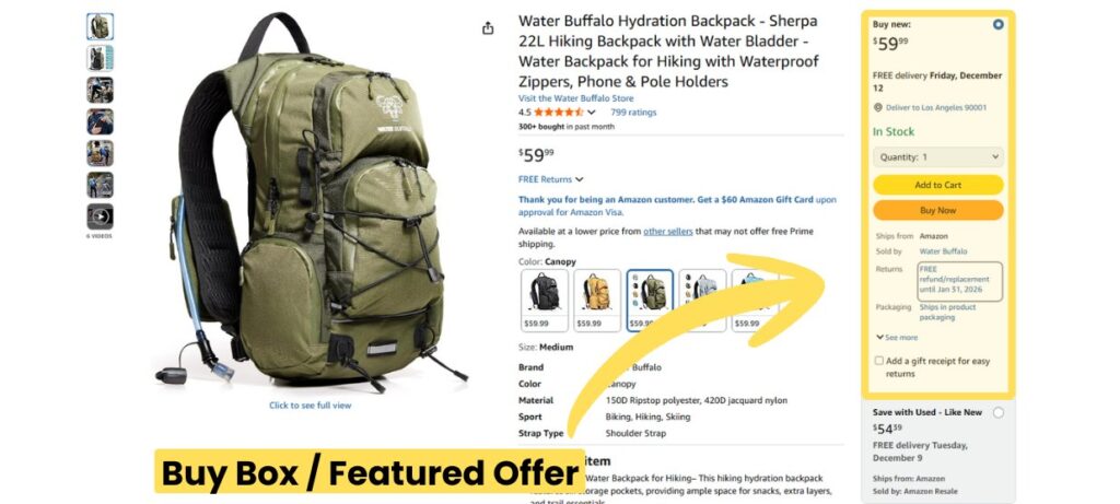 The Featured Offer or Buy Box location on Amazon screenshot