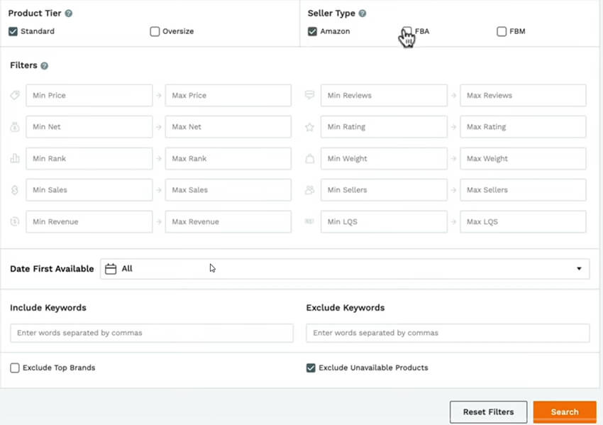 Jungle Scout Product Research Tool Search Options