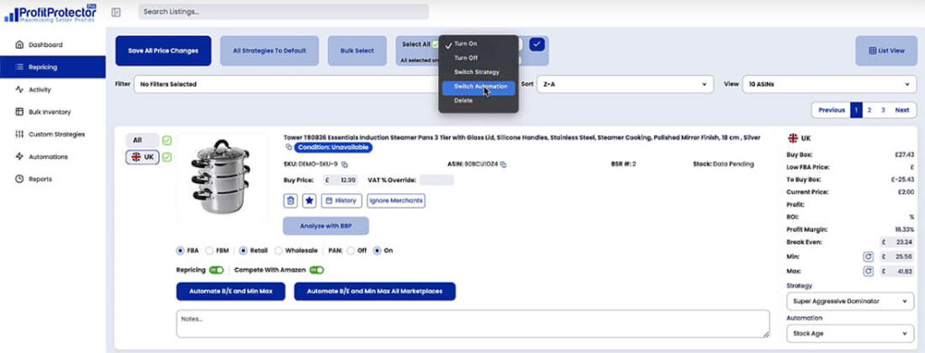 Profit Protector Pro Amazon AI Repricer Product Details Page