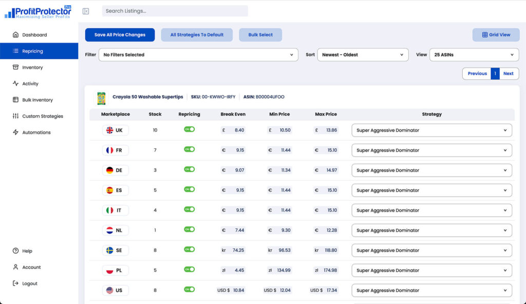 Profit Protector Pro Repricer Dashboard