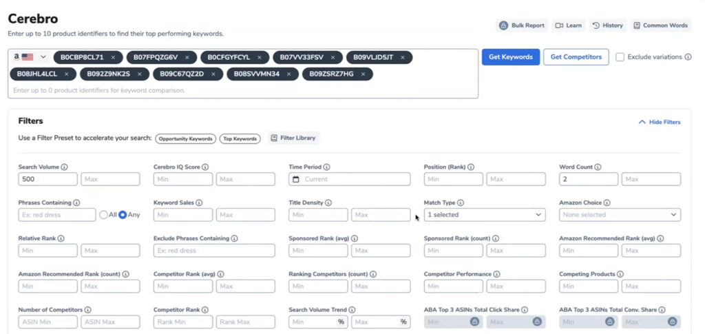 Helium 10 Cerebro Keyword Research Dashboard