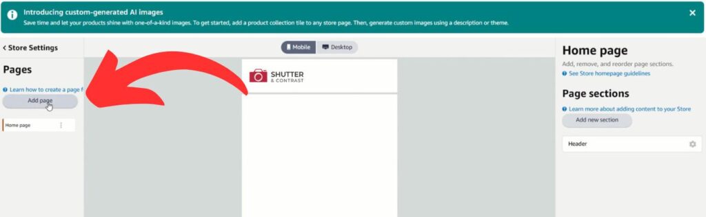 Amazon Storefront Add Page Button