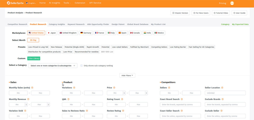 SellerSprite - Product Research Tool Dashboard