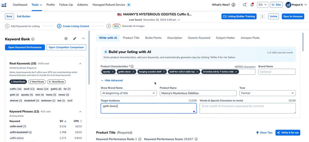 Helium 10 AI Listing Tool Dashboard