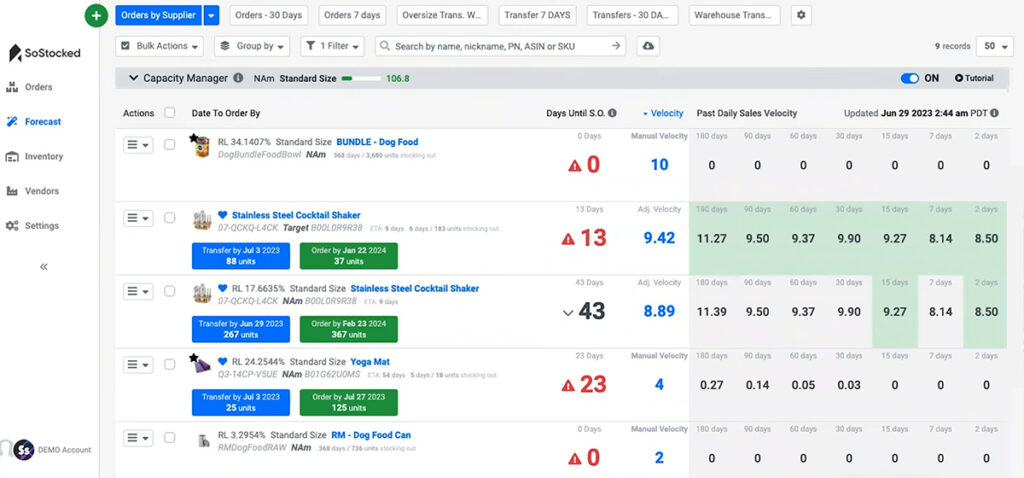 SoStocked Inventory Forecase Page Example