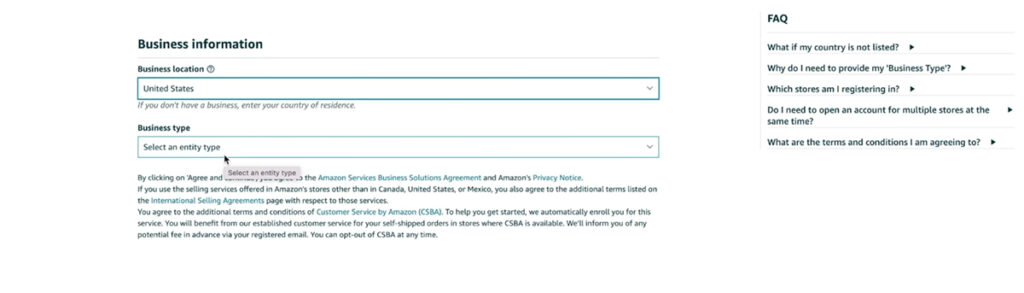 Seller Central Sign Up - Business Information