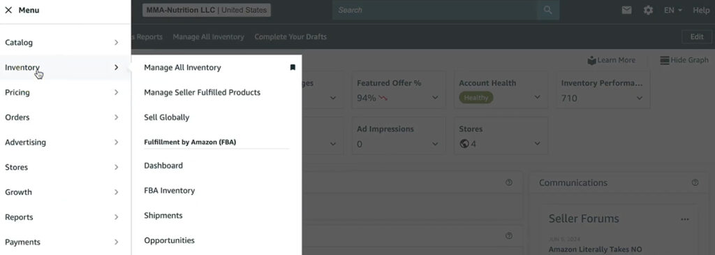 Amazon Backend Keywords - Step 2 Click Inventory