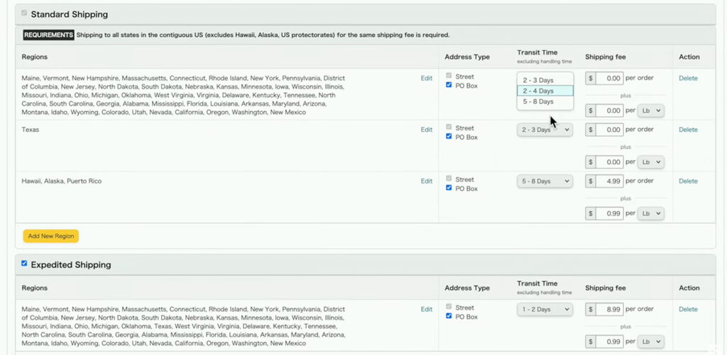 Amazon FBM Shipping Settings - Standard Shipping Regions