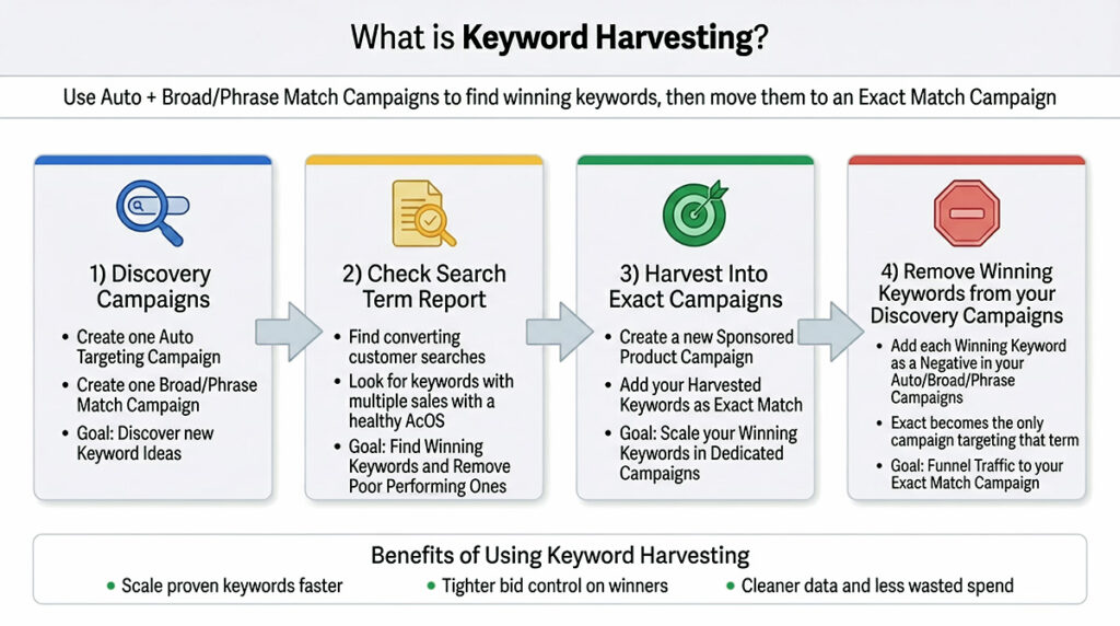 An infographic displaying how Amazon Keyword Harvesting works to find new winning keywords