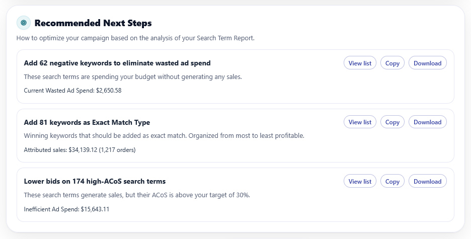 Amazon Search Term Report Analyzer recommended next steps panel with negative keywords and exact match recommendations