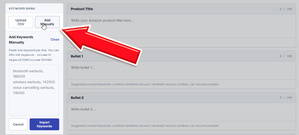 Free Listing Builder - Upload Keywords