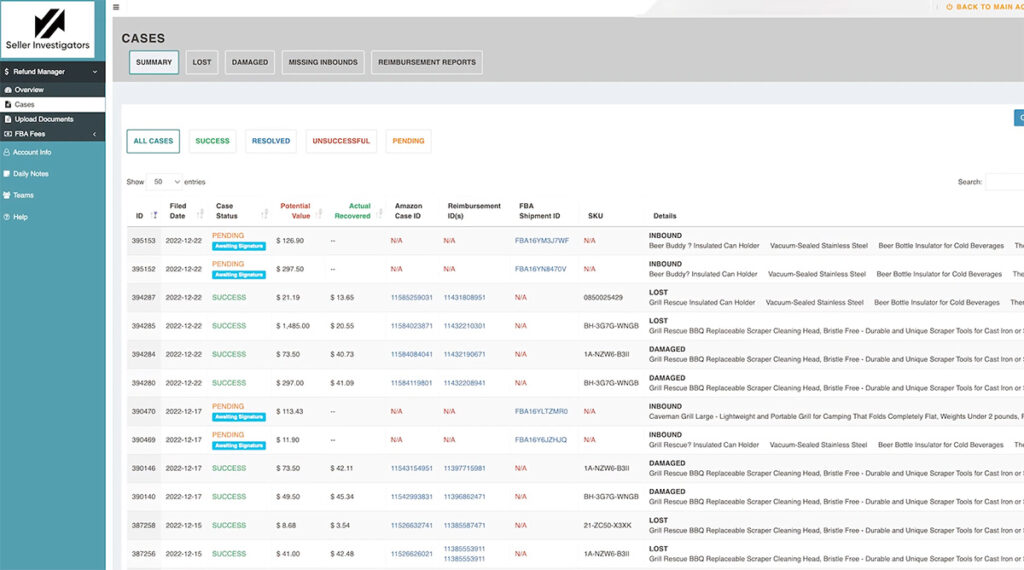 Seller Investigators FBA Refunds Page screenshot