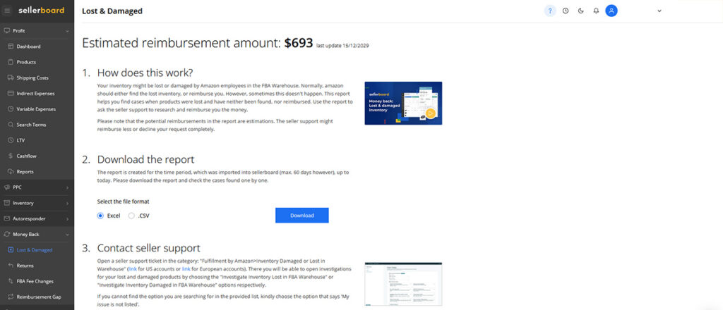 Sellerboard FBA Reimbursements Page